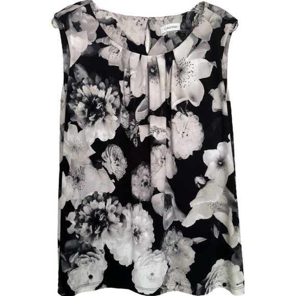 Calvin Klein Black White Floral Sleeveless Pleated Blouse Top Size 2X - Picture 1 of 9